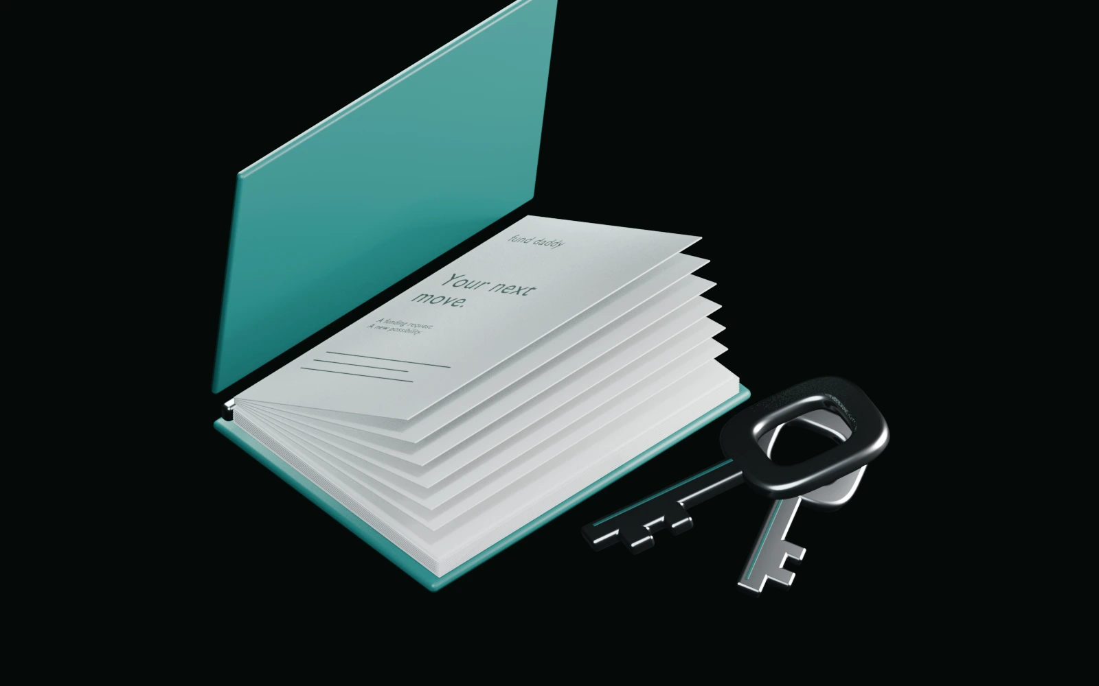An opening teal funding file with white papers and polished silver keys